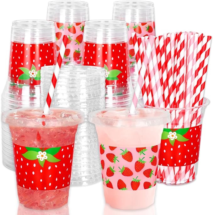 FYSUIMU 50Pcs 12Oz Strawberry Disposable Plastic Cups with Lids and Straws Sweet Fruit Theme Cold Beverage Drinking Cups for Home Kitchen Summer Birthday Supplies