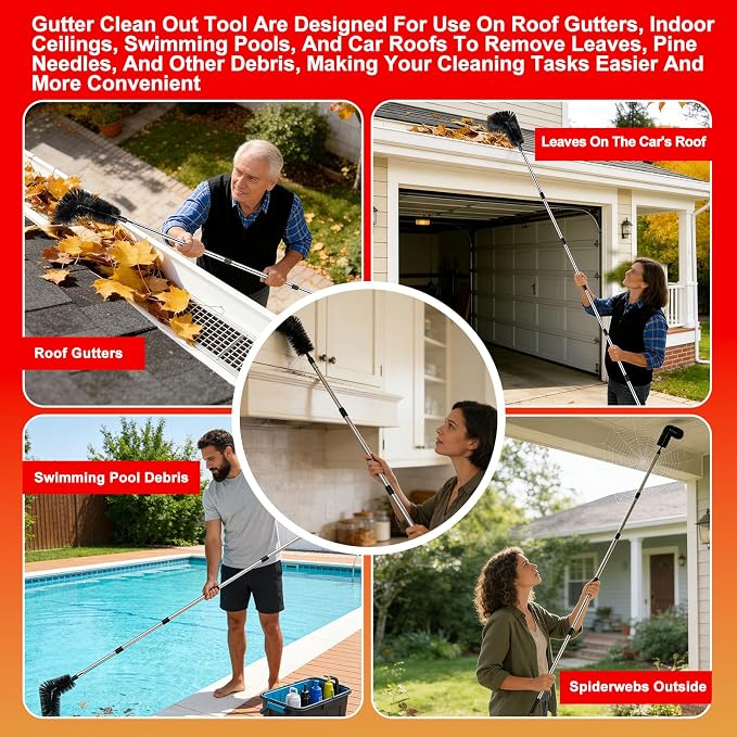 Gutter Cleaning Tools from The Ground - 12.7FT Long Adjustable gutter Cleaner & Brush, No Ladder Needed | Gutter Clean Out Tool Makes it Easy To Clean Leaves, Branches And Debris from Gutters