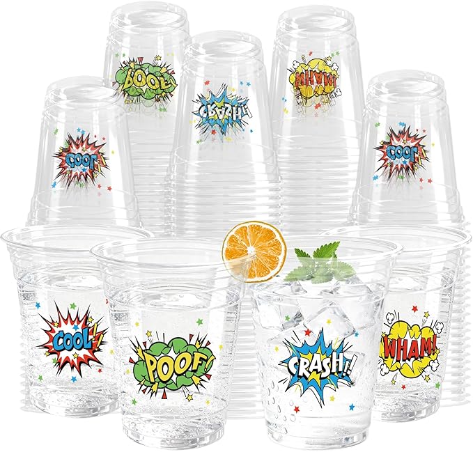 100 Pack Hero Party Plastic Cups 12 Oz Comic Themed Disposable Cups Hero's Action Birthday Party Decoration for Beverage Coffee Birthday Party Supplies