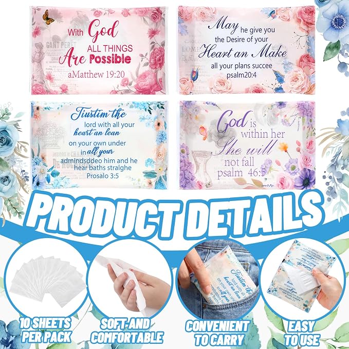 TaoBary 80 Pack Christian Pocket Tissues for Wedding Guests Scripture Floral Pocket Tissues Travel Packs Inspirational Bible Verse 3 Ply Soft Facial Napkin for Wedding Travelling Ceremony Supplies