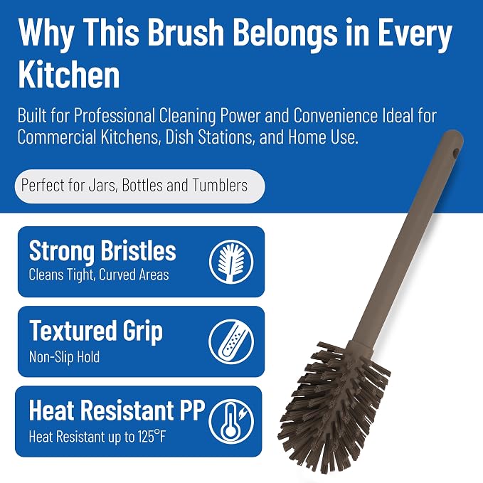 SPARTA Large Water Bottle Brush Ideal for Wide-Mouth Jars, Bottles and Tumblers, Dishwashing Tool with Handle for Home and Commercial Kitchens, Plastic, 12 Inches, Brown