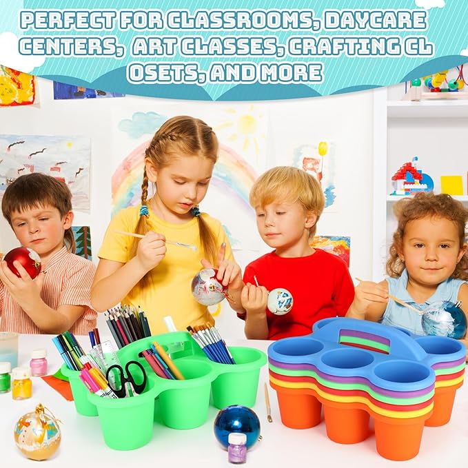 6 Pack Classroom Caddy Organizer with Handle, Plastic Art Caddy, Drink Cup Caddies Holder, 6 Compartments for Desk, Table, Office, Crafts, Crayon, Marker, Pencil, School Supplies (12 x 9 x 3.5 Inch)