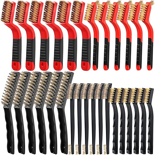 Sumind 30 Pcs Wire Cleaning Brush Set Nylon/ Stainless Steel/ Brass Metal Brush with Curved Handle Grip Paint Remover for Cleaning Rust Grout Cleaner (Brass)