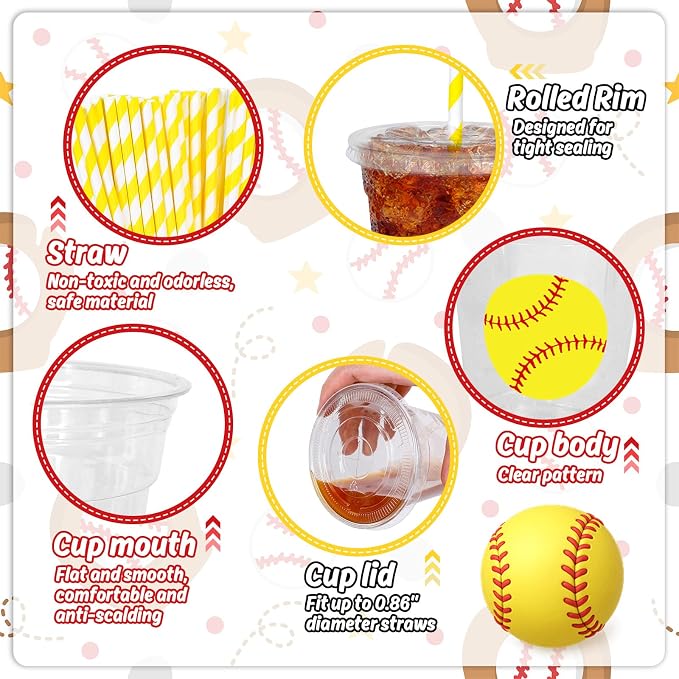 Whaline 50Pcs 12Oz Softball Disposable Plastic Cups with Lids and Straws Cute Softball Cold Beverage Drinking Cups for Sports Theme Birthday Party Supplies