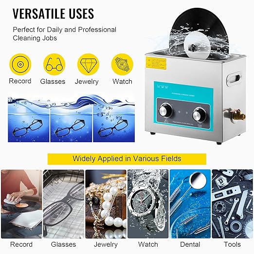 VEVOR Ultrasonic Vinyl Record Cleaner 6L 40kHz Vinyl Ultrasonic Cleaning Machine Knob Control Record Ultrasonic Cleaner 4 Records Vinyl Sonic Cleaner Stainless Steel Tank w/Mechanical Heater & Timer