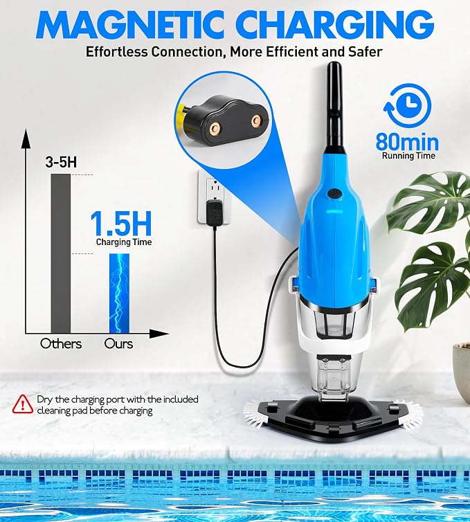 KlrSwp Cordless Pool Vacuum for Above Ground Pool, Magnetic Charging Handheld Pool Vacuum Cleaner, Anti-backflow Design Spa Vacuum for Hot Tub with Telescopic Pole | 18.5GPM Suction, 80-Min Runtime