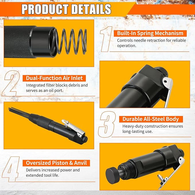 Compact Air Needle Scaler, 1/4" Air Powered Rust Paint Weld Remover Cleaner, 90psi Needle Scaler for Removing Lag Rust Paint and Dirt