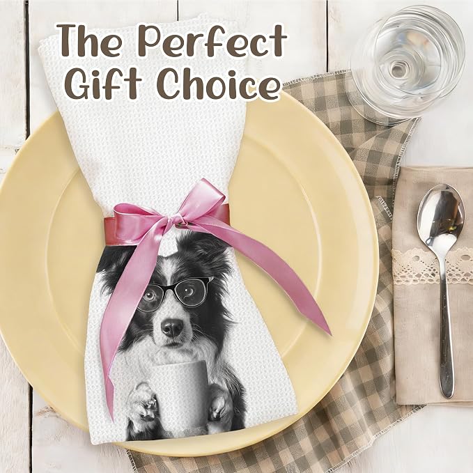 Funny Border Collie Kitchen Towels, Dog Kitchen Accessories, Dog Chef Gifts for Women Decorative Hand Towels for Kitchen Decor, Coffee Lovers Gifts Dish Tea Towel, 16x24 Inch