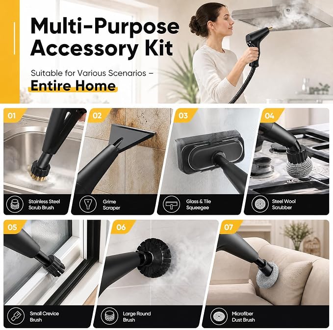 Steam Cleaner for Home: 1.7L Water Tank, Handle High Pressure Steam Cleaner with 6 Level Adjustable Handle, 15s Heat Up, 2500W Portable Steamer for Home, Car Detailing, Dirt, Grease, Grout