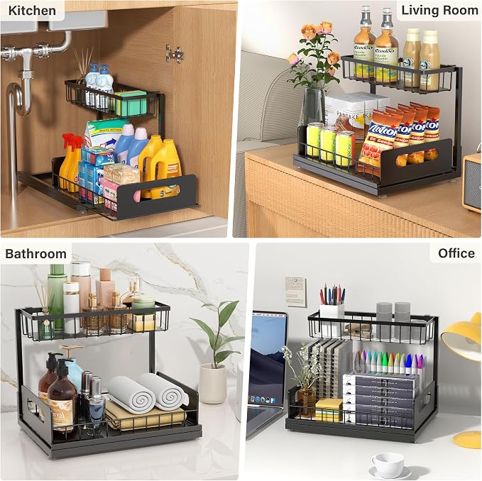 Under Sink Organizer 2 Tier, Pull Out Drawer Slides Under Sink Storage for Bathroom Kitchen,Multi-Purpose Drawer Under Cabinet Organizer for Cleaning Supplies (Black, 1 Pack)