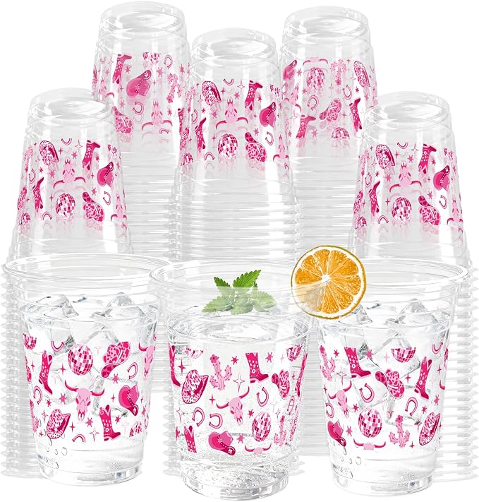 100 Pcs Pink Cowgirl Plastic Cups,16 oz Disco Western Cowgirl Clear Disposable Plastic Cups Drinking Cups for Cowgirl Birthday Baby Shower Lets Go Girls Party Supplies