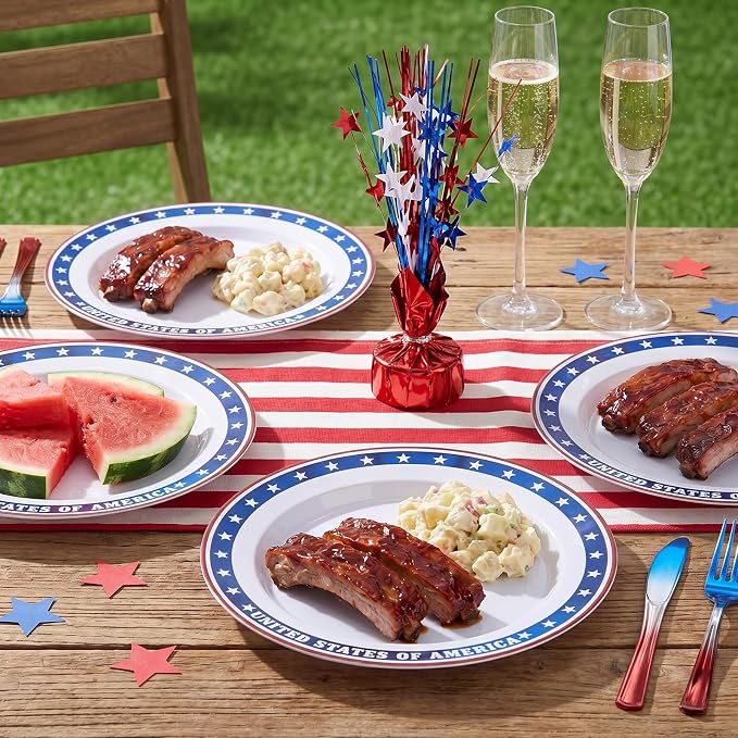 BESTVIP 50Pcs 4th of July Plastic Plates 10 Inch - Heavy Duty American Flag Patriotic Disposable Plates, Red White Blue Dinnerware for Independence Day Veterans Day BBQ party supplies