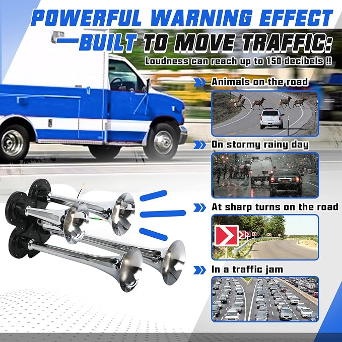 PTNHZ 150DB Train Horns Kit 12V 150PSI Air Compressor Tank Pump w/6 Liter 1.6 Gallon Tank + Super Loud Sliver 4 Double Row Trumpet For Train Truck Boat Pickup Motorhome