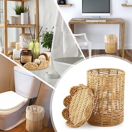 Ctosree 1.3 Gallons Small Wicker Trash Can with Lid Handle Woven Wicker Rattan Bathroom Waste Basket Boho Trash Basket with 100 Plastic Garbage Bags for Bedroom Laundry (Scalloped Style, Natural)