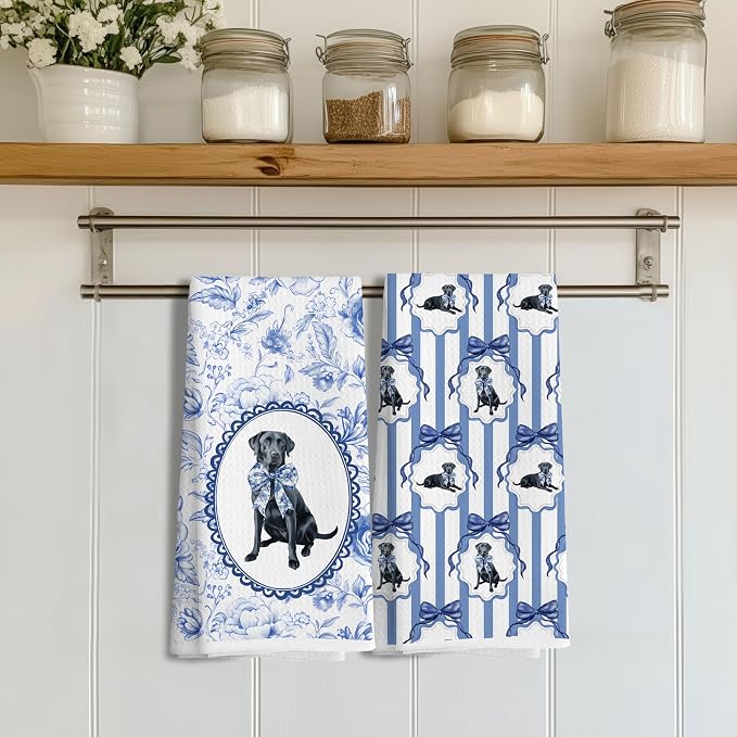 Chinoiserie Black Labrador Retriever Kitchen Towels, Blue and White Floral Black Lab Gifts Dish Tea Towels,Grandmillennial Botanical Dog Hand Towels for Kitchen Bathroom, 16x24 Inch Set of 2