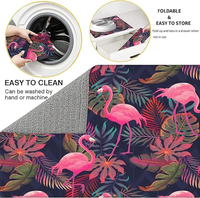 Set of 3 Flamingo and Palm Tree Dish Drying Mat & Kitchen Sink Splash Guard Faucet Mat For Kitchen Counter Absorbent Microfiber Dishes Pad Dish Drainer Rack Mats Fast Dry Kitchen Accessories