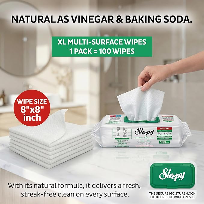 Sleepy Easy Clean XL Multi Surface Cleaning Wipes (600 Count) – Natural Vinegar & Baking Soda Formula – Jumbo 8"x8" All Purpose Wet Wipes for Kitchen, Bathroom, Glass & Electronics – No Streak