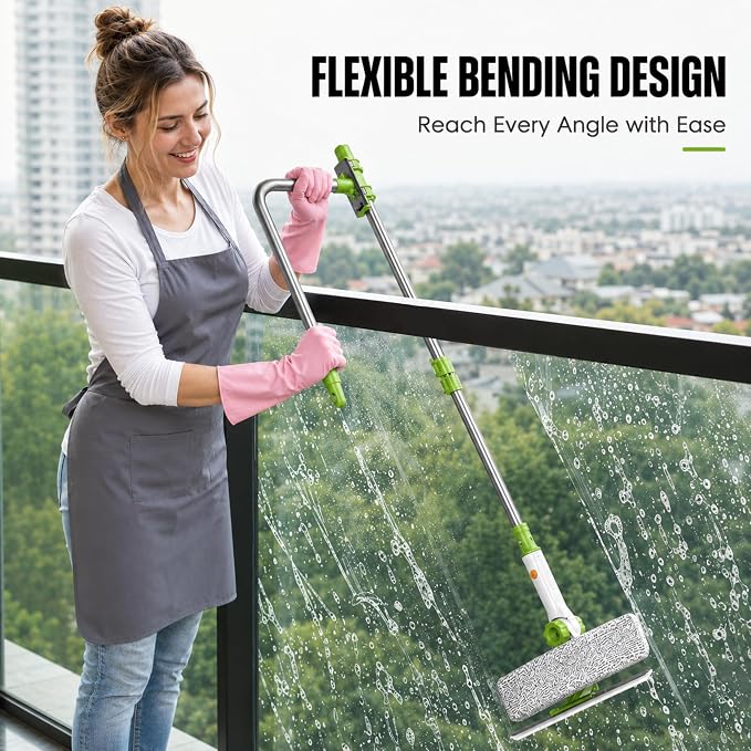 ORIXA Outside Window Cleaner, U Shaped Extendable Squeegee, Detachable Rotatable Glass Squeegee with 2 Wiping Cloth Replacements