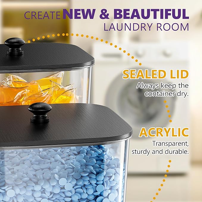 Moforoco 3 Pack Laundry Pods Container, Clear Laundry Room Organization Containers,Large Detergent Powder Storage, Black Wooden Lids & Labels, Acrylic Pods Holder