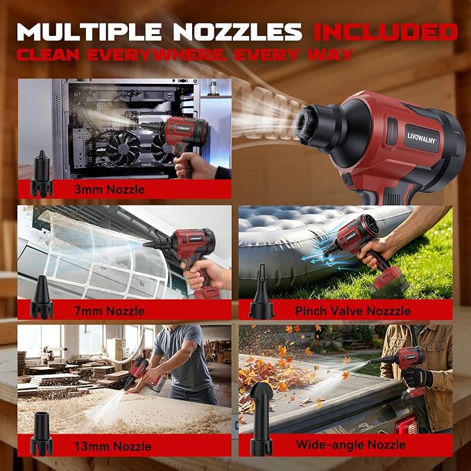 LIVOWALNY Upgraded Air Blower Compatible with Milwauke 18V Battery, 4-in-1 Compressed Air Duster, 480MPH, 120,000 RPM Brushless Motor, 4-Speed Leaf Blower for Car, PC, Workshop (Tool Only,No Battery)