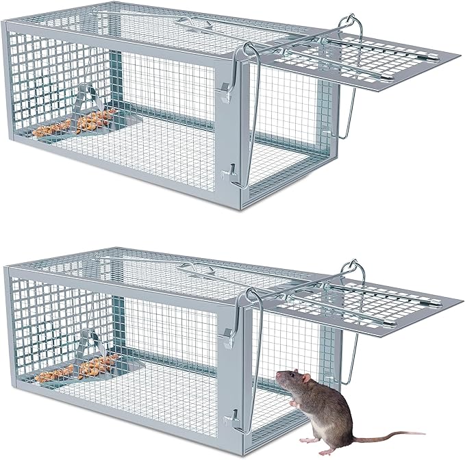 Humane Rat Traps 2-Pack, No Kill Small Animal Cage Trap, Live Mouse Trap Cage Catch and Release, Trampa para Ratones, Chipmunk Rodent Trap that Work for Indoor and Outdoor - 10.6" L x 5.5" W x 4.7" H