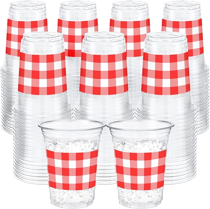 100 Pcs Red Gingham Plastic Cups 12 oz Red Checkered Plaid Disposable Plastic Drinking Cups Bulk for Baby Shower Wedding Birthday Christmas Party Decoration Supplies