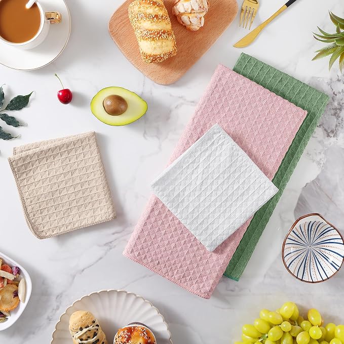 Homaxy Microfiber Waffle Weave Kitchen Towels Set, 16 x 28 Inch and 12 X 12 Inch Ultra Absorbent and Solid Color Dish Towels, 8 Pack, Beige/White/Pink/Grass Green