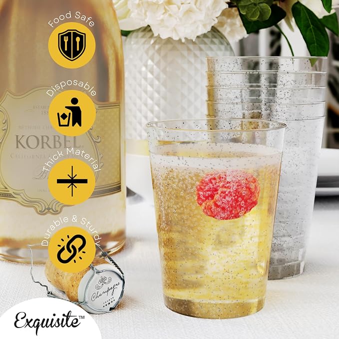 Exquisite Silver Plastic Cups Disposable, Clear Plastic Tumblers 10 Oz. 120 Ct. - Glitter Tumblers, Silver Glitter Cups Disposable For Party, Weddings, Cocktail Glasses & Wine Glasses