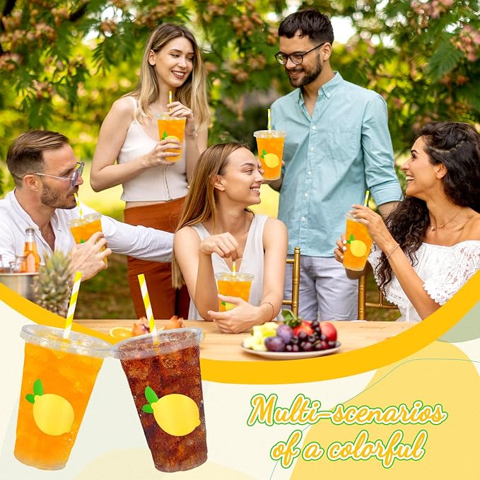 Whaline 50Pcs 16Oz Lemon Disposable Plastic Cups with Lids and Straws Summer Citrus Fruit Cold Beverage Drinking Cups for Birthday Baby Shower Party Supplies