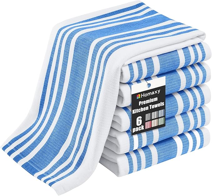 Homaxy Premium Kitchen Towels 18”x 28”, Large Cotton 380 GSM Kitchen Hand Towels, Stripe and Terry Dish Towel, Highly Absorbent Tea Towel Set with Hanging Loop, 6 Pack, Blueberry
