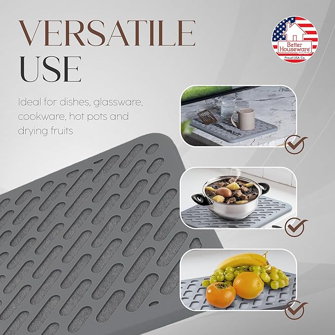 Better Houseware Stone Drying Mat for Kitchen Counter Diatomaceous Earth Dish Drying Mat Self Absorbing Kitchen Mat with Non-Slip Silicone Cover, Super Absorbent Stone Dish Drying Mat