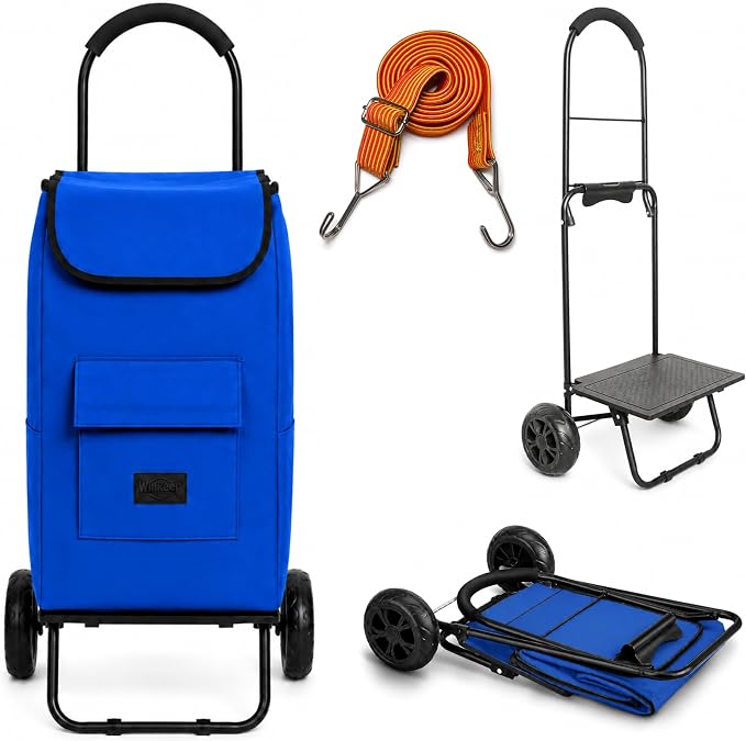 Shopping Cart, Super Loading Grocery Trolley, 220 lbs Capacity, Foldable Cart with Extra Large 55L Shopping Bag Portable Grocery Utility Cart with Adjustable Bungee Cord (Blue)