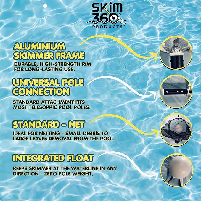 16" Pool Skimmer Net with Float Assist - Zero Pole & Skimmer Weight, 360° Movement in Any Direction, Strong Daily use Nylon net, Fast & Effortless Debris Removal for All Pools, Ponds & spas