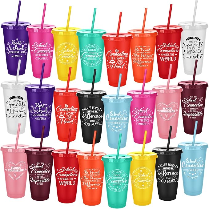Meanplan 24 Pcs School Counselor Gifts Bulk 24 oz Plastic Tumbler with Lids and Straws Thank You Cups Travel Mugs Inspirational School Teacher Appreciation Week Gifts for Women Men