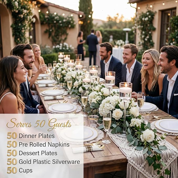 KIRE 350 PCS White and Gold Plates Disposable - Elegant Dinnerware Set of 50 Guest, White Plastic Plates With Gold Rim, Pre Rolled Napkins with Silverware & Cups for Party/Wedding