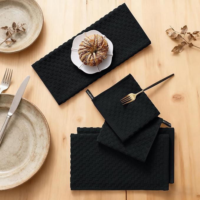 Homaxy 100% Cotton Kitchen Towels and Dishcloths Set, 12 x 12 & 15 x 25 Inches, Set of 8 Bulk Terry Cloth Dish Towels, Super Soft and Absorbent Hand Towel with Hanging Loop, Black