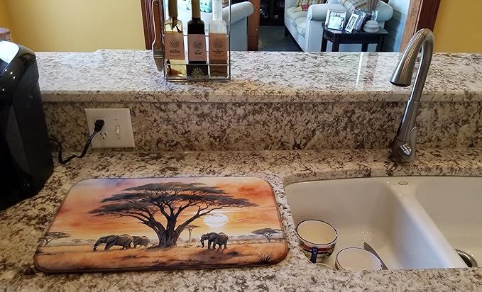 Caroline's Treasures Elephants Savanna Sunrise Dish Drying Mat Absorbent Dish Drying Mat Pad for Kitchen Counter Dish Drainer Mat for Countertop, 14 x 21", Multicolor