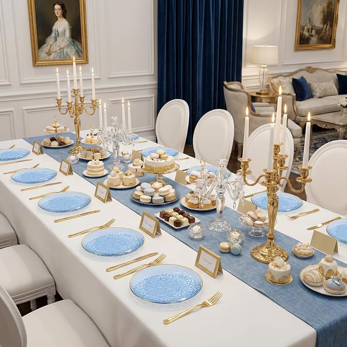 DaYammi 240Pcs Blue Dessert Plates Set Including 120Pcs Blue Cake Plates and 120Pcs Gold Forks,Hammered Party Plate,Gold Rim Appetizer plates Heavy duty Disposable Plastic Plate for Wedding Birthday