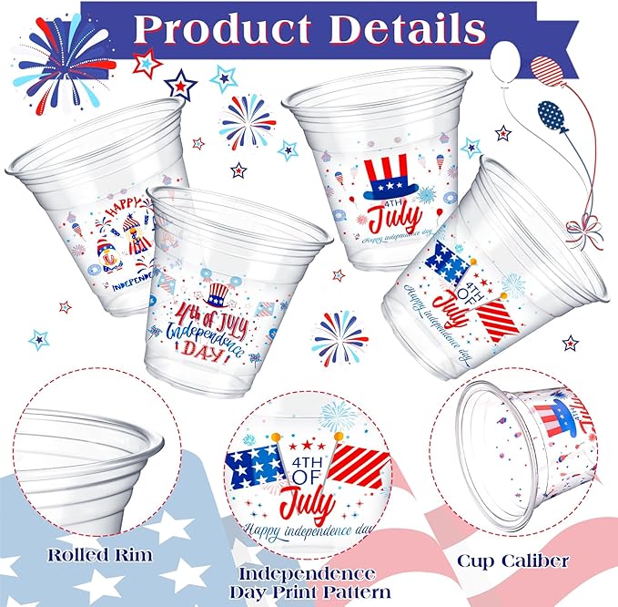 Tanlade 200 Pcs 4th of July Plastic Cups 12 oz Patriotic Red White and Blue Cups Disposable American Flag Design 250th Anniversary Party Supplies for Fourth of July Independence Day Decorations