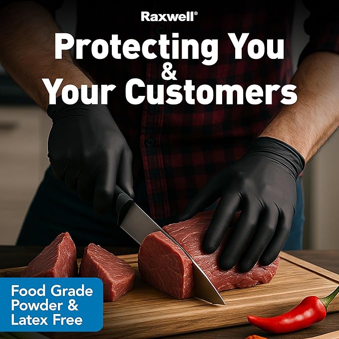Raxwell Disposable Nitrile Gloves - Food Grade Heavy-Duty Puncture Resistant Black Gloves for Cooking & Food Service
