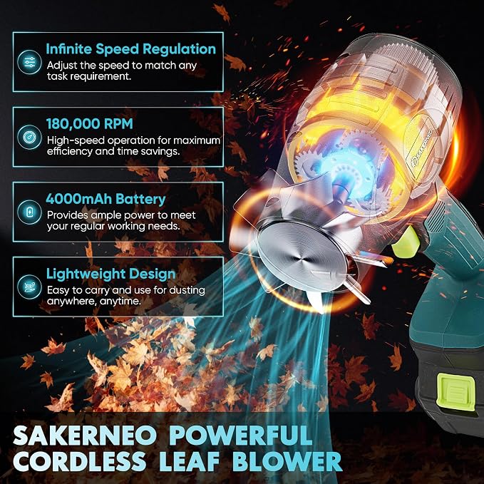 SakerNeo Cordless Leaf Blower with 2 X4.0Ah Batteries,180000 RPM Handheld Blower, Newly Upgraded Compressed Air Duster Adjustable Speed for Patio Lawn Garden Cleaning