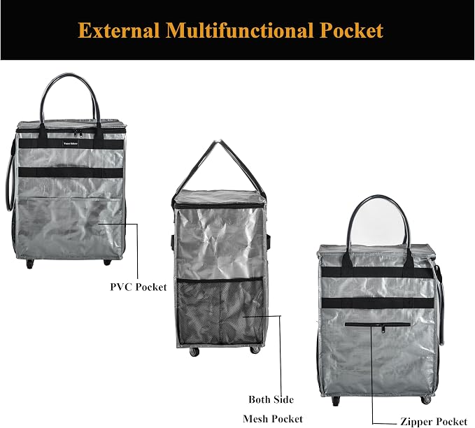 Reusable Grocery Bag On Wheels Large Capacity Shopping Trolley Foldable Rolling Tote with Outside Pocket, Heavy Duty Handle (Silver, Medium)