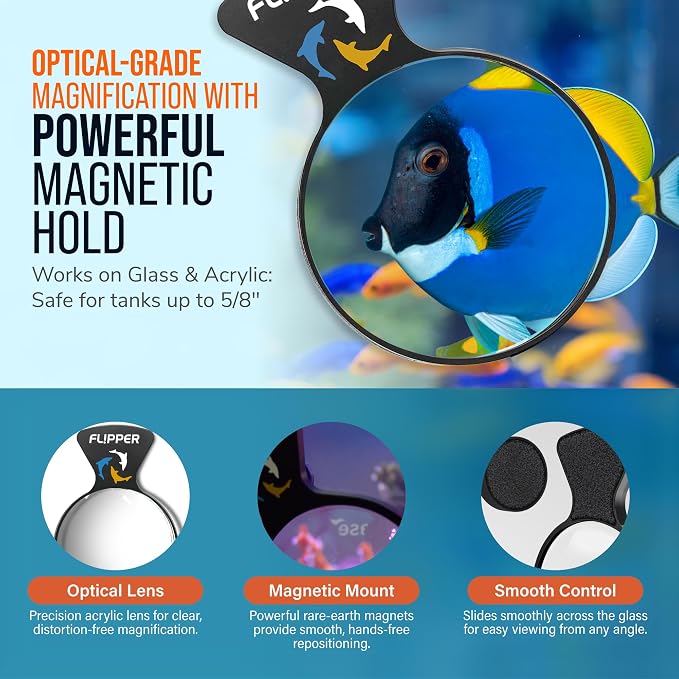 Flipper DeepSee 5" Magnetic Aquarium Viewer – Optical-Grade Magnifying Lens for Glass & Acrylic Tanks up to 5/8" Thick – Hands-Free Underwater Viewing for Fish, Corals & Aquarium Photography – Black
