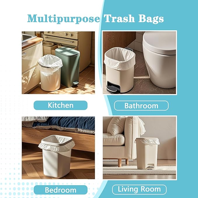 300 Count 7-9 Gallon Trash Bags, 13 Micron Extra Thick 8 Gallon Medium Garbage Bags, Unscented White Wastebasket Trash Can Liners for Bathroom Kitchen Home Office