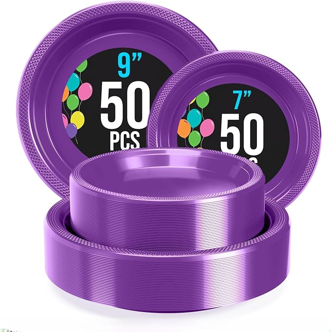 Exquisite Party Solids Purple Plastic Plates For Party Supplies, Purple Disposable Plates 100 Pieces - 50-7" & 50-9" Heavy Duty 350 GSM Disposable Dinnerware Sets, Plastic Dinnerware Sets