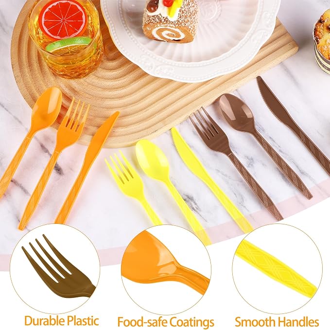 Kochorie 360 Piece Thanksgiving Plastic Cutlery Set Disposable Colorful Plastic Utensils Heavy Duty Flatware Set Include Orange Yellow Brown Knives Forks Spoons for Thanksgiving Party Wedding Birthday