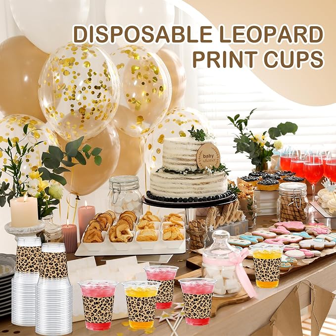 Qinyoung 50 Pcs Plastic Cups 12oz Disposable Cups Bulk Drinking Cup for Cold Drinks Baby Shower Wedding Birthday Valentine's Day Party Supplies (Leopard Print)