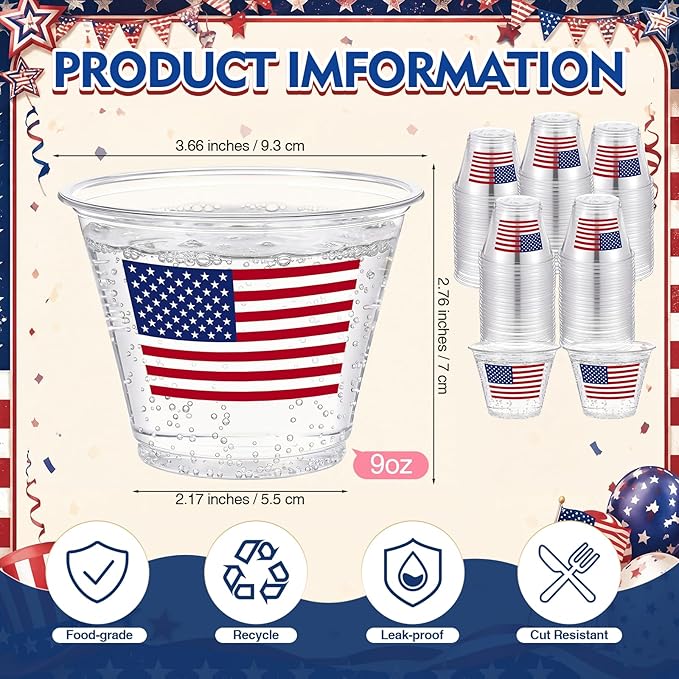 LemonRoad 100 Pack Patriotic 4th of july Cups 9 oz Star Stripe American Flag Disposable Clear Plastic Cocktail Cups Hot Cold Beverage Drinks for 250th anniversary decorations and party favors