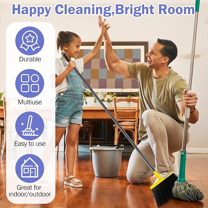 Roshtia 8 Pcs Heavy Duty Broom Set 58 Inch Outdoor Indoor Commercial Stiff Broom With Long Handle Angle Garage Concrete Outside for Sweeping Patio (Yellow)