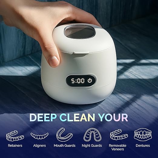 Ultrasonic Retainer Cleaner Machine for Invisalign – 45kHz Ultrasonic Cleaner for Dentures, Aligner & Mouth Guard with UV Light, 200ml Tank, Digital Timer – Dental Appliance & Night Guard Cleaning Pod